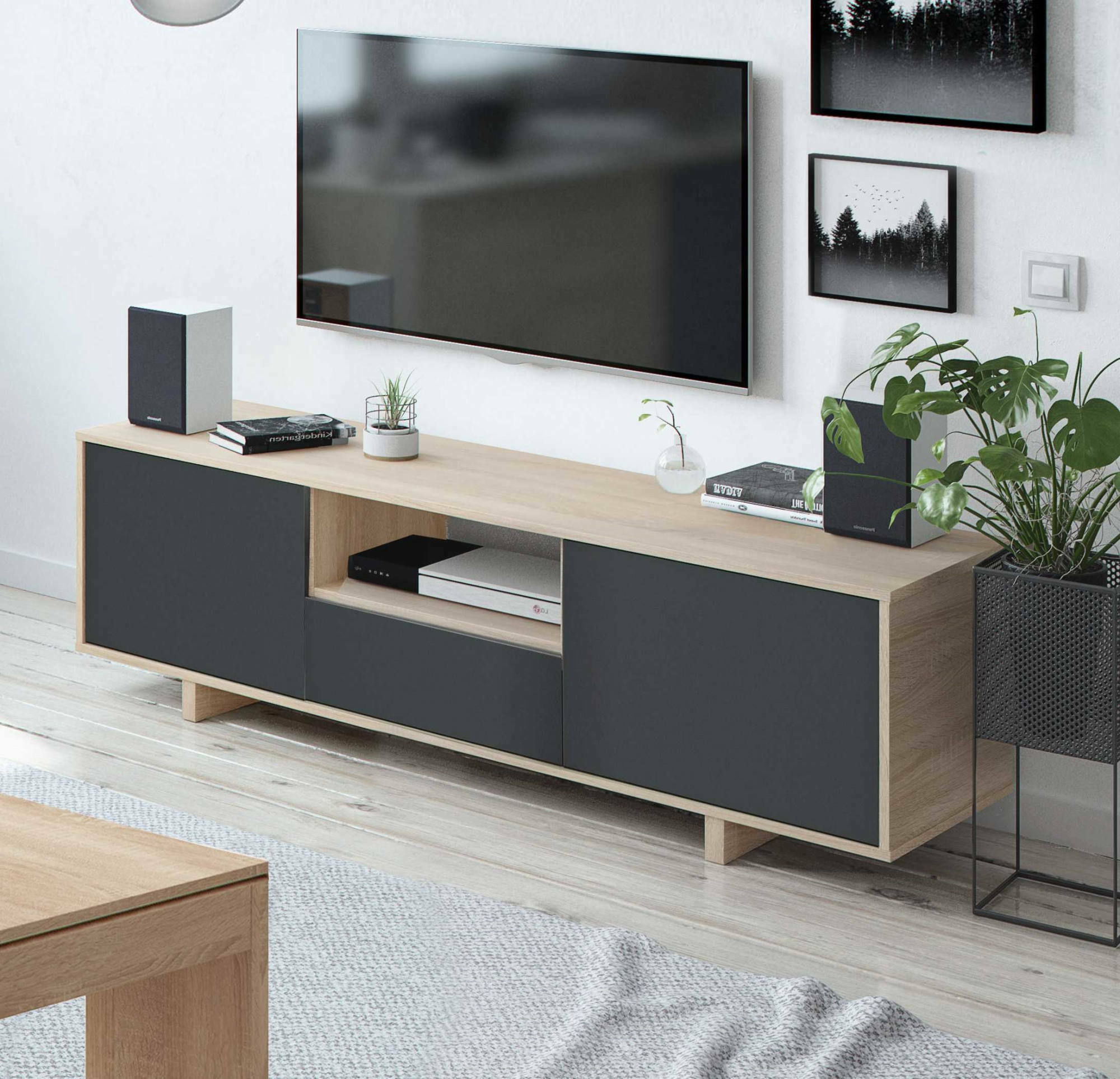 Mobile porta TV Visalia, Credenza per televisione da soggiorno, Supporto TV a 3 ante, Credenza bassa da salotto, cm 150x41h46, Rovere