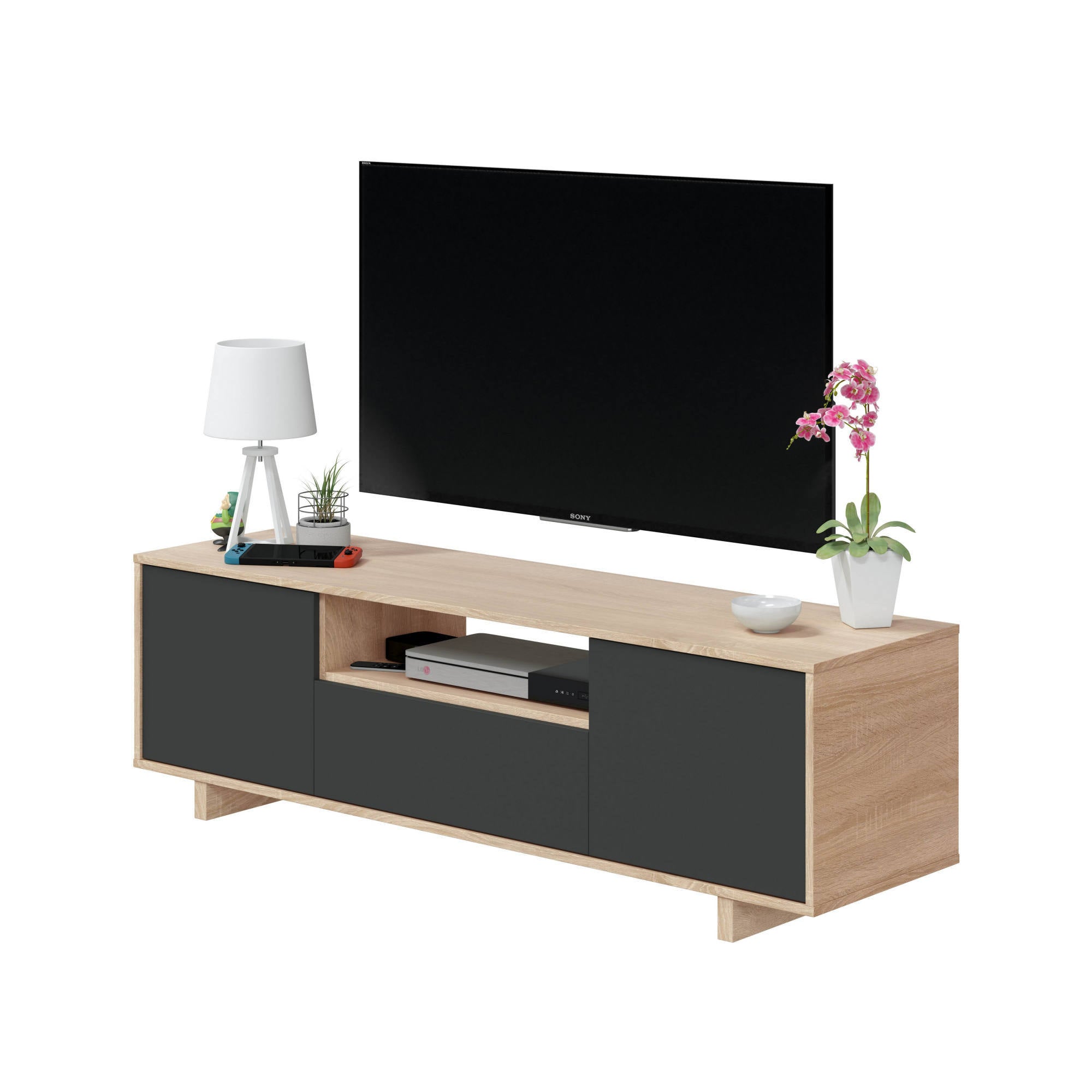 Mobile porta TV Visalia, Credenza per televisione da soggiorno, Supporto TV a 3 ante, Credenza bassa da salotto, cm 150x41h46, Rovere