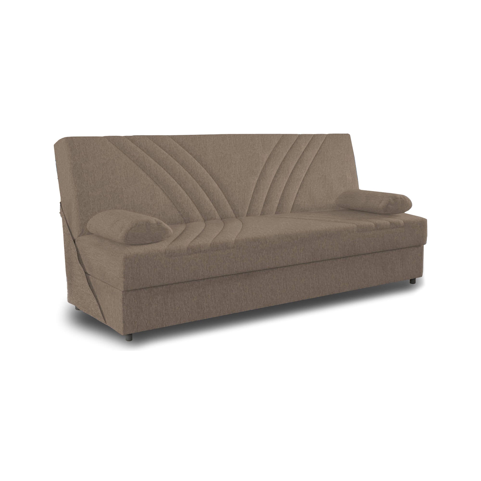 Divano letto Ramon, Divano letto contenitore a 3 posti con 2 cuscini inclusi, Sofà da soggiorno in tessuto imbottito con apertura click-clack, Cm 181x81h88, Beige