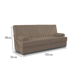 Divano letto Ramon, Divano letto contenitore a 3 posti con 2 cuscini inclusi, Sofà da soggiorno in tessuto imbottito con apertura click-clack, Cm 181x81h88, Beige