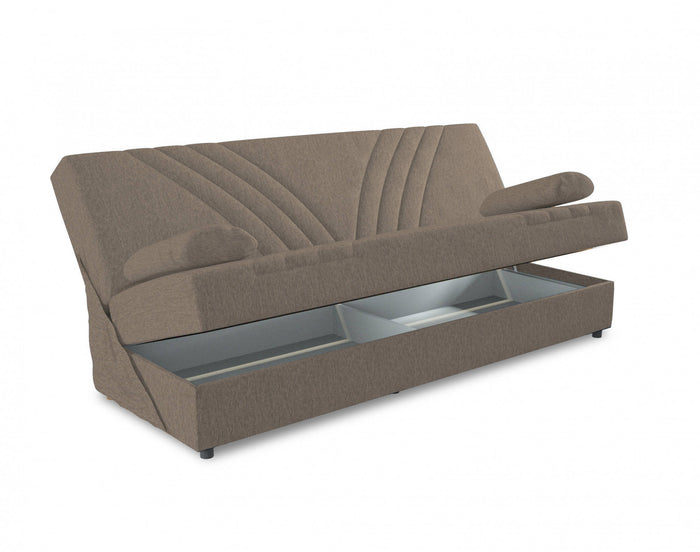 Divano letto Ramon, Divano letto contenitore a 3 posti con 2 cuscini inclusi, Sofà da soggiorno in tessuto imbottito con apertura click-clack, Cm 181x81h88, Beige