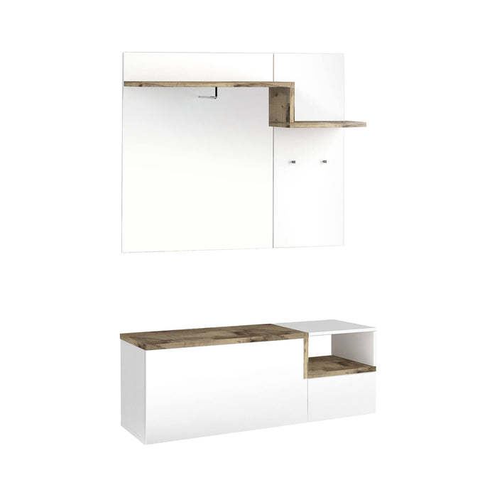 Mobile da ingresso portascarpe, Made in Italy, Entratina con appendiabiti e scarpiera, Porta TV, cm 120x40h54, Bianco lucido e Acero