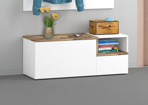 Mobile da ingresso portascarpe, Made in Italy, Entratina con appendiabiti e scarpiera, Porta TV, cm 120x40h54, Bianco lucido e Acero