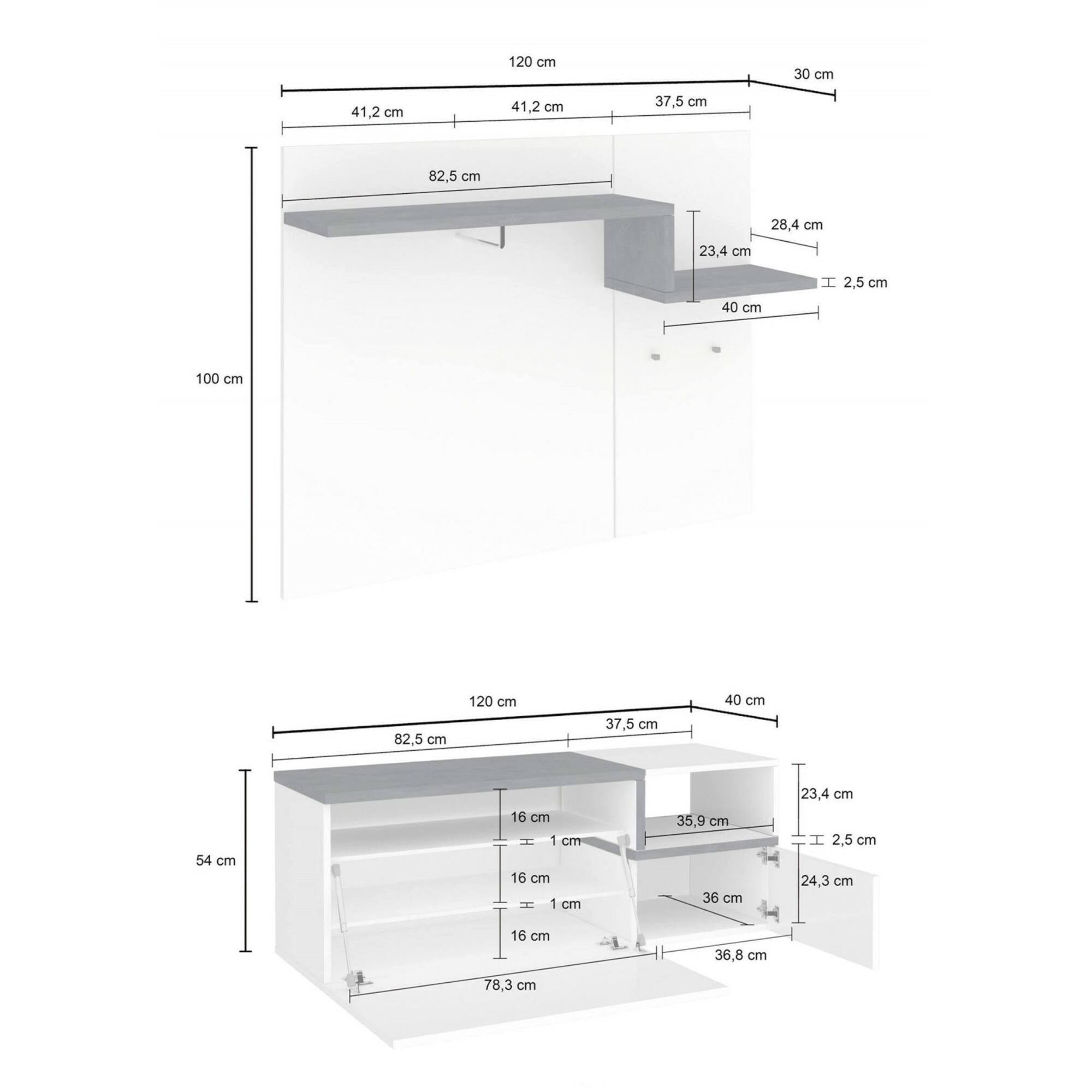 Mobile da ingresso portascarpe, Made in Italy, Entratina con appendiabiti e scarpiera, Porta TV, cm 120x40h54, Bianco lucido e Grigio Ardesia