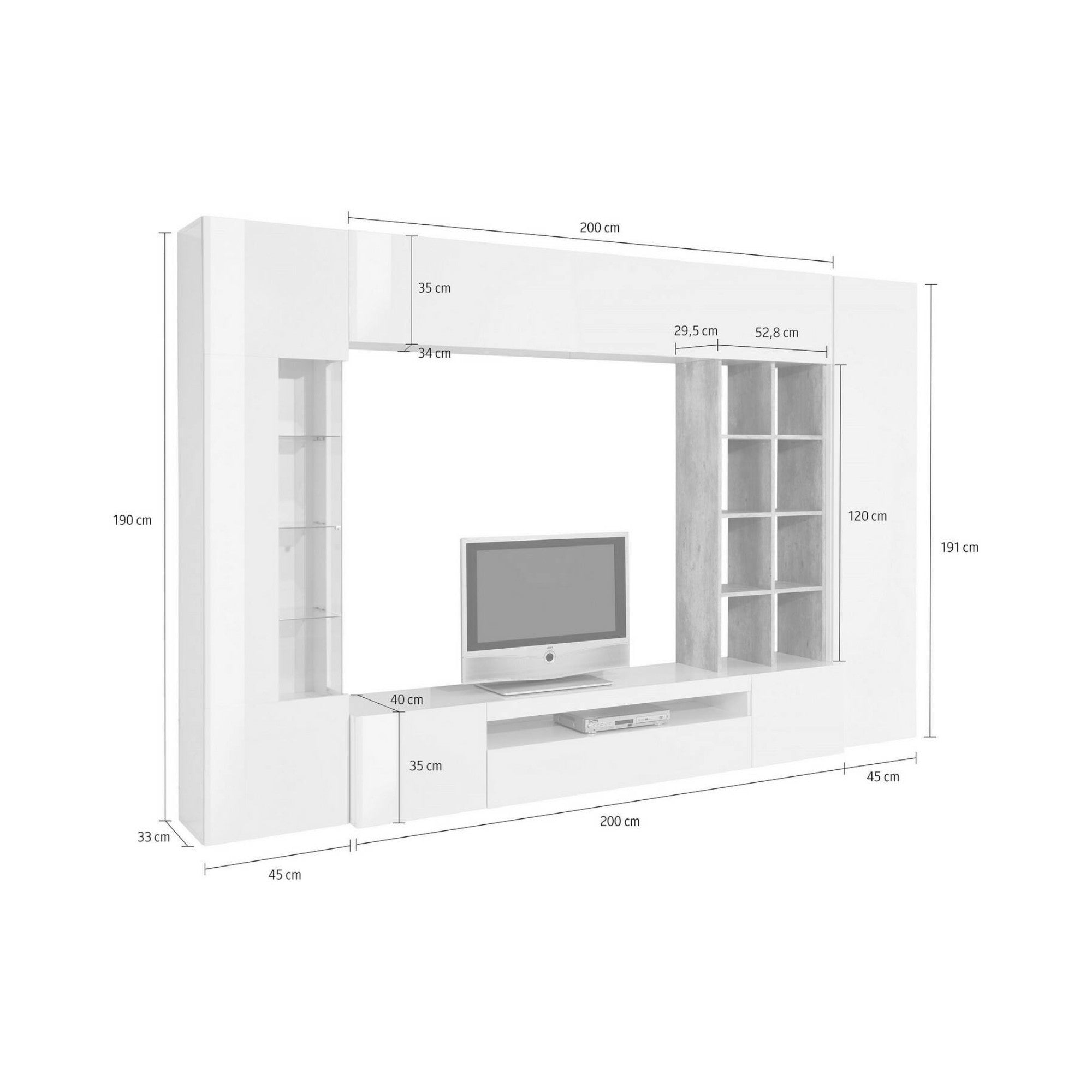 Parete attrezzata da soggiorno, Made in Italy, Mobile porta TV, Set salotto moderno, cm 290x40h192, Bianco lucido e Cemento