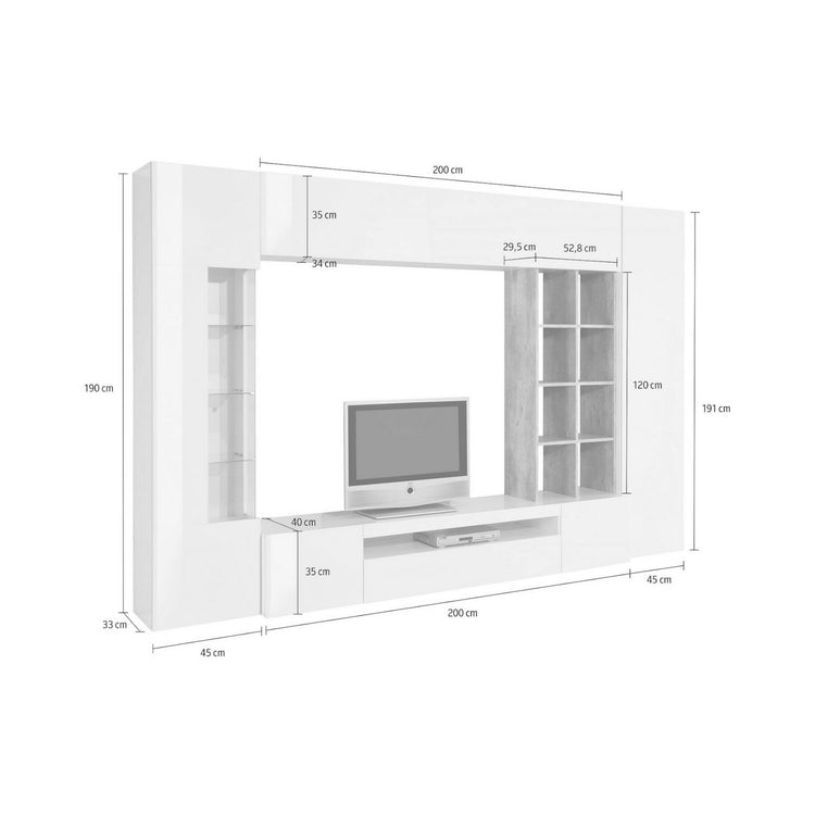 Parete attrezzata da soggiorno, Made in Italy, Mobile porta TV, Set salotto moderno, cm 290x40h192, Bianco lucido e Cemento