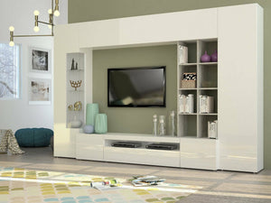 Parete attrezzata da soggiorno, Made in Italy, Mobile porta TV, Set salotto moderno, cm 290x40h192, Bianco lucido e Cemento