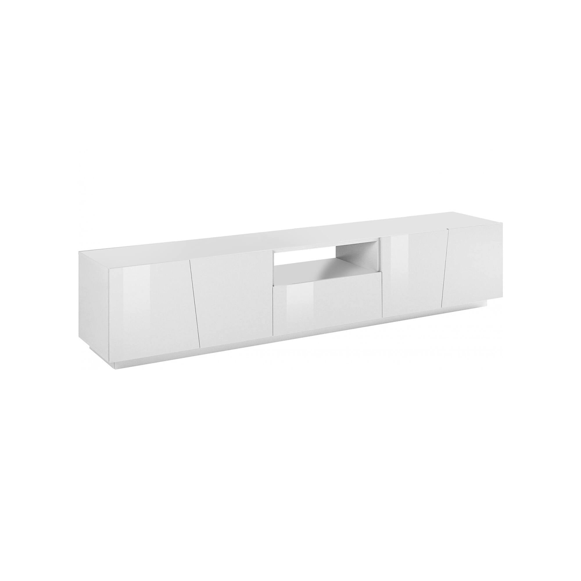 Mobile da soggiorno Porta TV, Made in Italy, Credenza per TV da salotto a 4 ante e 1 cassetto, cm 220x43h46, Bianco lucido