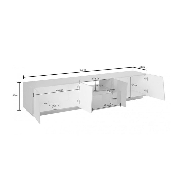 Mobile da soggiorno Porta TV, Made in Italy, Credenza per TV da salotto a 4 ante e 1 cassetto, cm 220x43h46, Bianco lucido