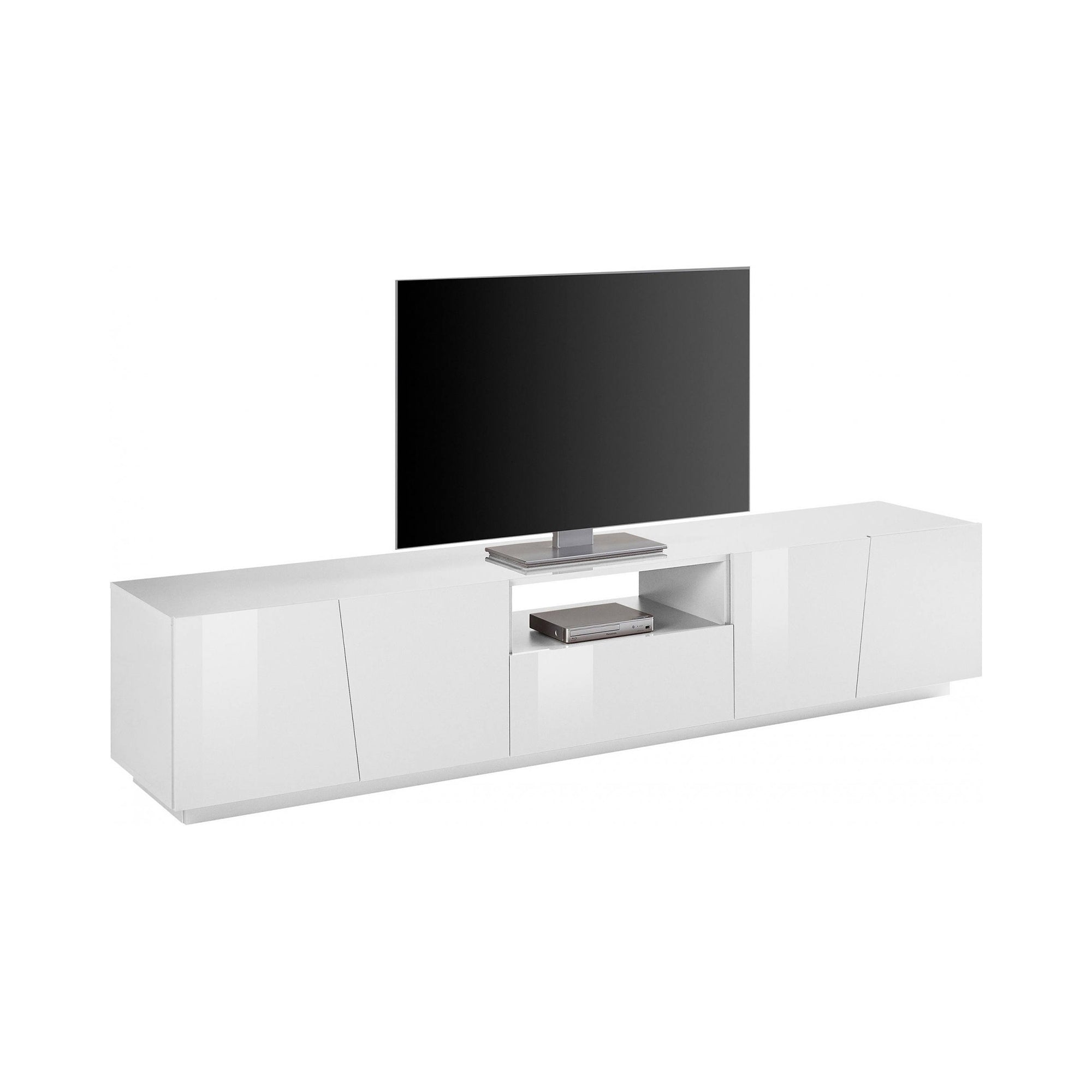 Mobile da soggiorno Porta TV, Made in Italy, Credenza per TV da salotto a 4 ante e 1 cassetto, cm 220x43h46, Bianco lucido