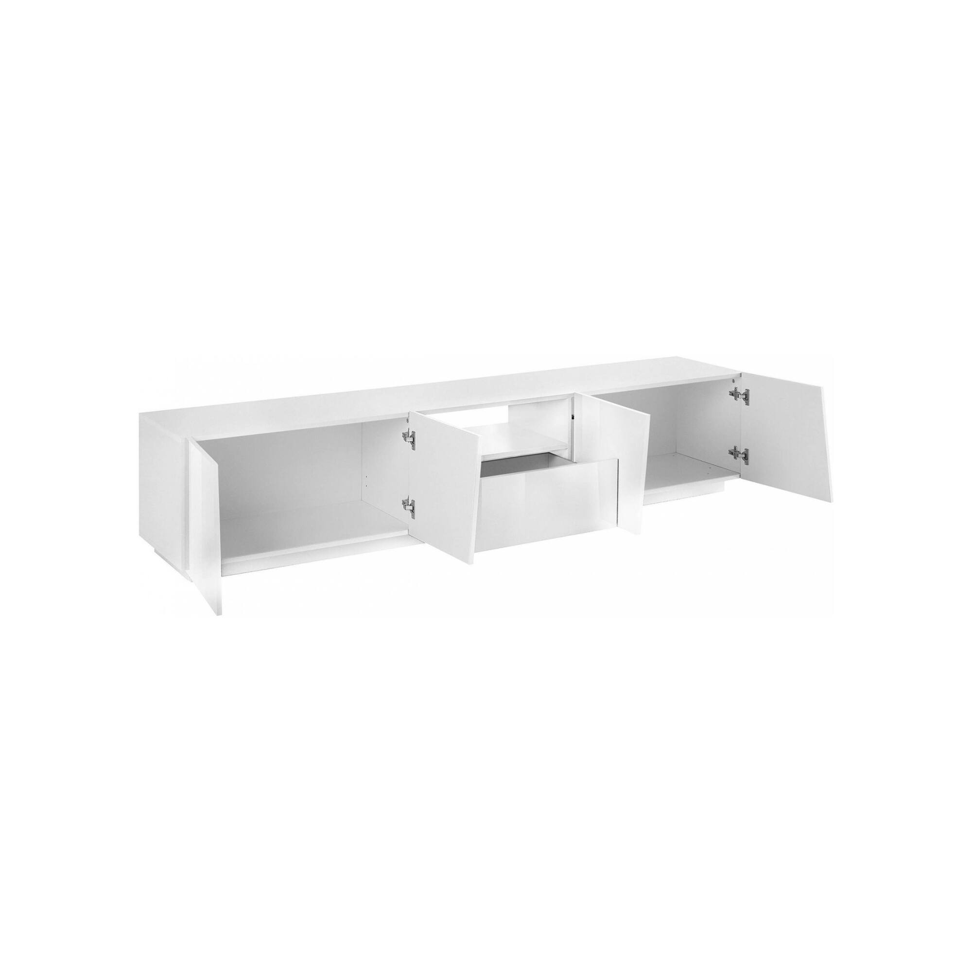 Mobile da soggiorno Porta TV, Made in Italy, Credenza per TV da salotto a 4 ante e 1 cassetto, cm 220x43h46, Bianco lucido