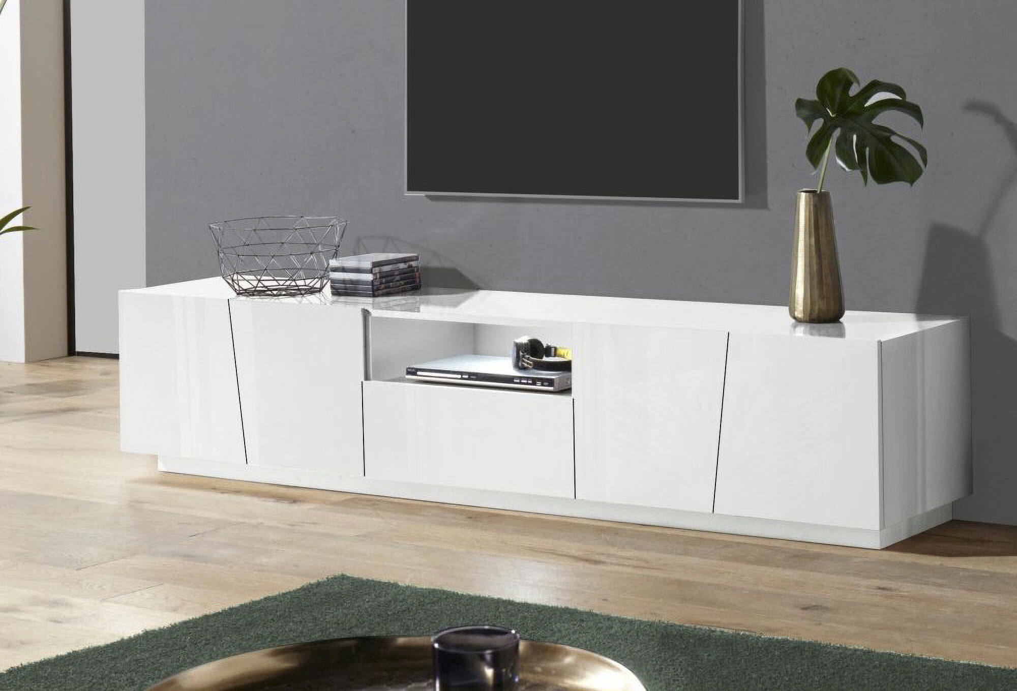 Mobile da soggiorno Porta TV, Made in Italy, Credenza per TV da salotto a 4 ante e 1 cassetto, cm 220x43h46, Bianco lucido