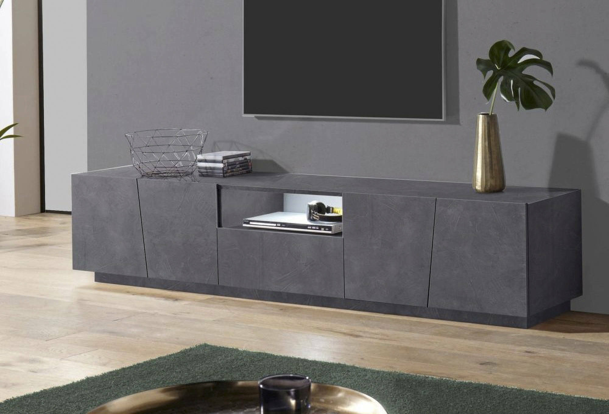 Mobile da soggiorno Porta TV, Made in Italy, Credenza per TV da salotto a 4 ante e 1 cassetto, cm 220x43h46, Grigio Ardesia