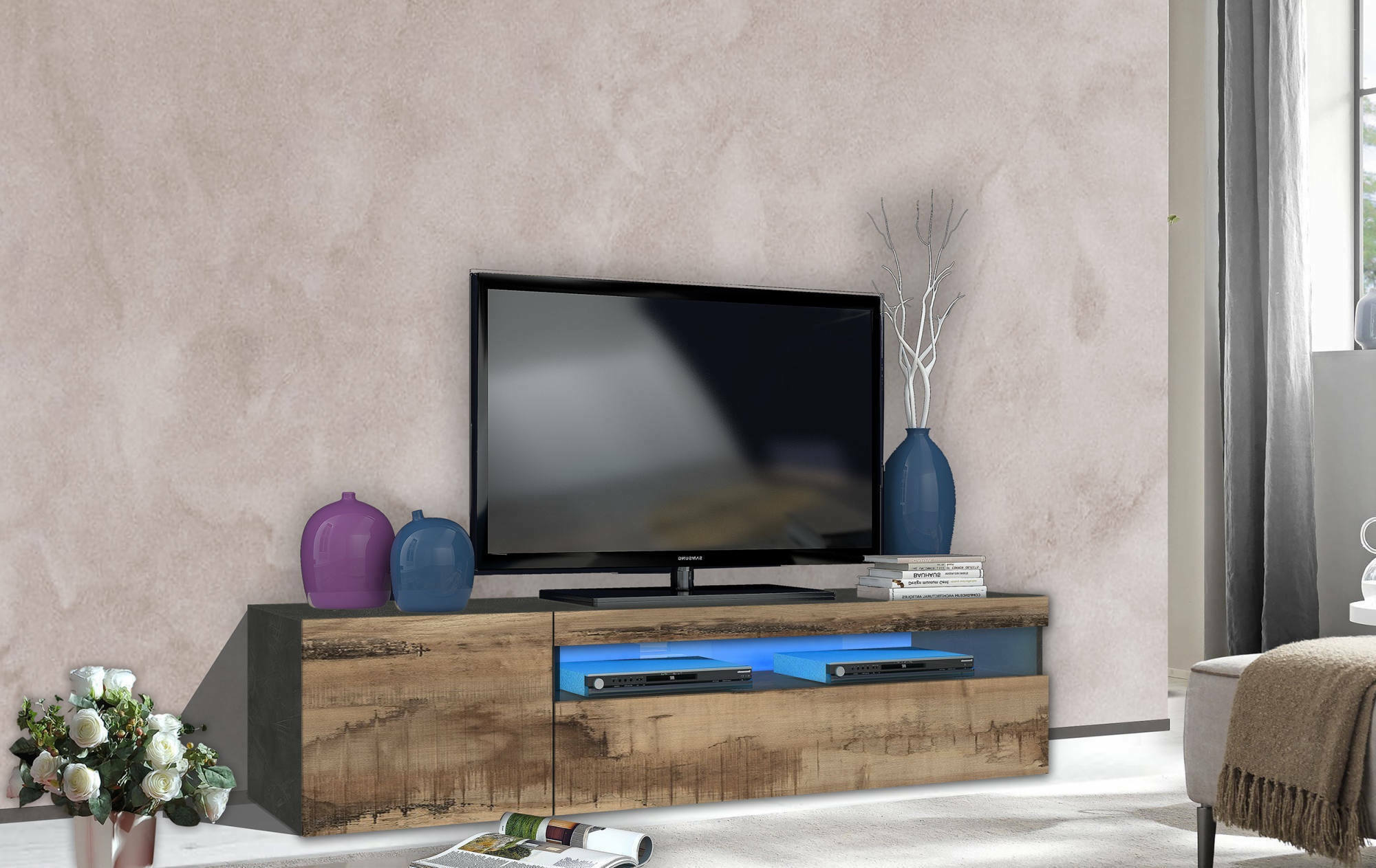 Mobile da soggiorno Porta TV, Made in Italy, Supporto per TV da salotto 2 ante, cm 150x40h37, Grigio Ardesia e Acero, con luce LED blu