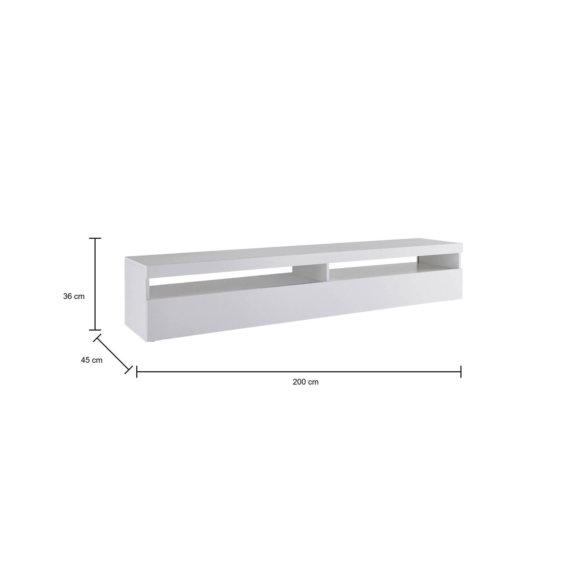 Mobile da soggiorno Porta TV, Made in Italy, Credenza per TV a 1 anta a ribalta e ripiani, cm 200x45h36, Bianco lucido, con luce LED bianca