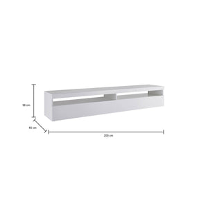 Mobile da soggiorno Porta TV, Made in Italy, Credenza per TV a 1 anta a ribalta e ripiani, cm 200x45h36, Bianco lucido, con luce LED bianca