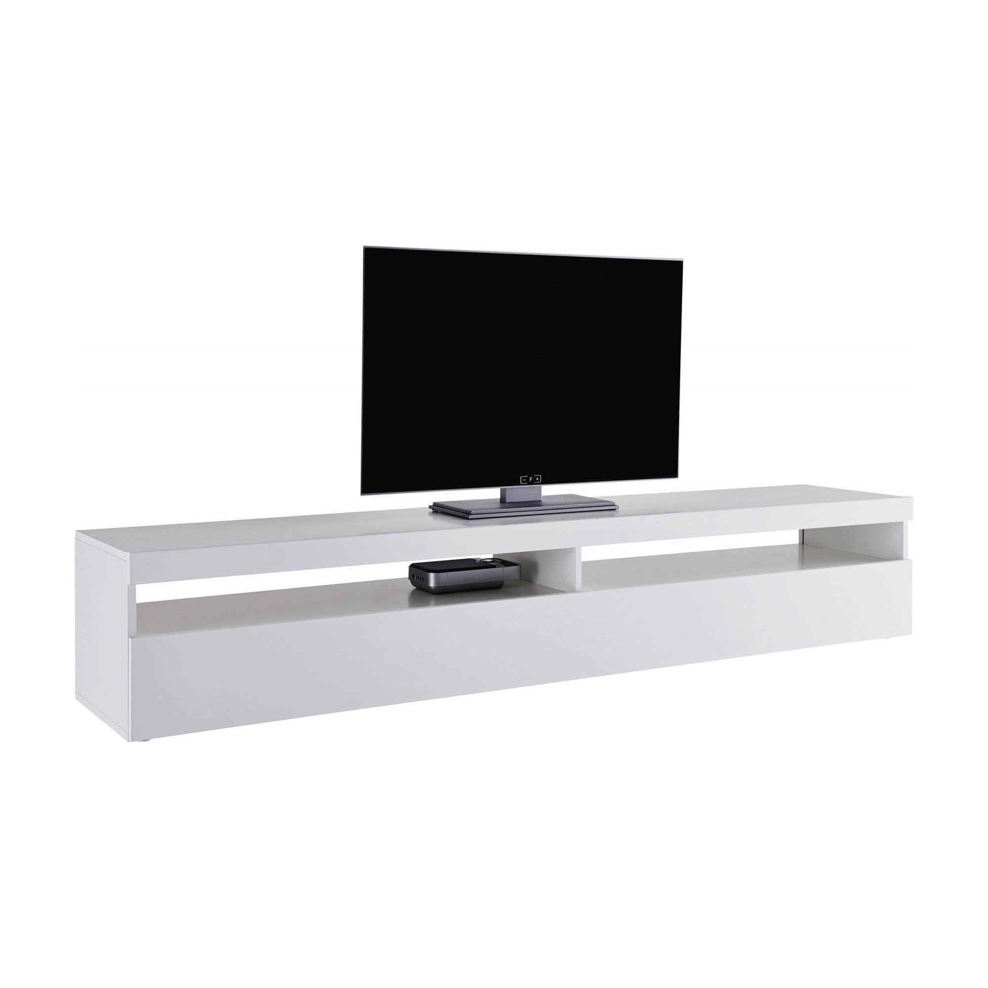 Mobile da soggiorno Porta TV, Made in Italy, Credenza per TV a 1 anta a ribalta e ripiani, cm 200x45h36, Bianco lucido, con luce LED bianca