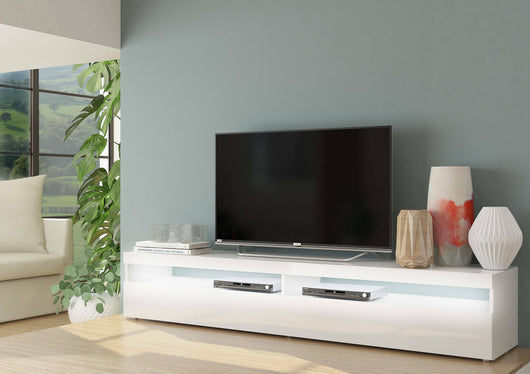 Mobile da soggiorno Porta TV, Made in Italy, Credenza per TV a 1 anta a ribalta e ripiani, cm 200x45h36, Bianco lucido, con luce LED bianca