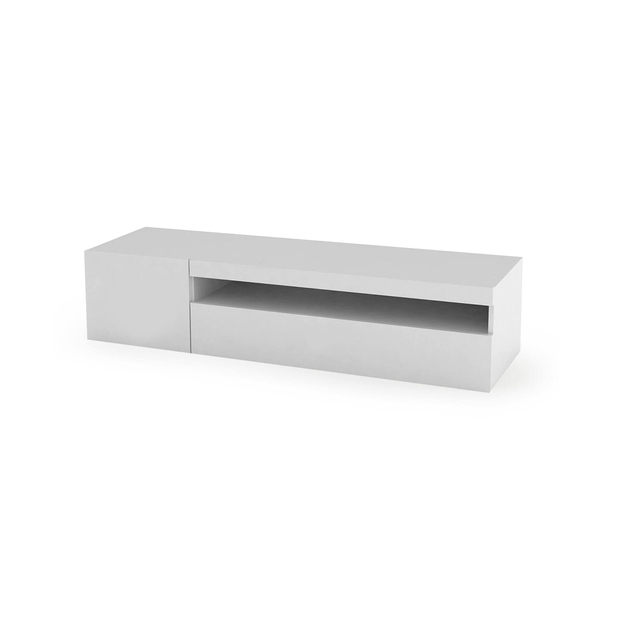 Mobile da soggiorno Porta TV, Made in Italy, Credenza per TV a 2 ante, Porta TV da salotto, cm 150x40h37, Bianco lucido, con luce LED blu