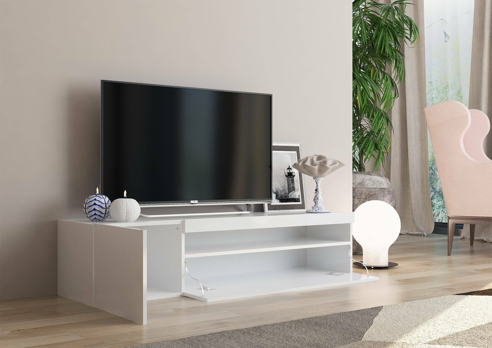 Mobile da soggiorno Porta TV, Made in Italy, Credenza per TV a 2 ante, Porta TV da salotto, cm 150x40h37, Bianco lucido, con luce LED blu