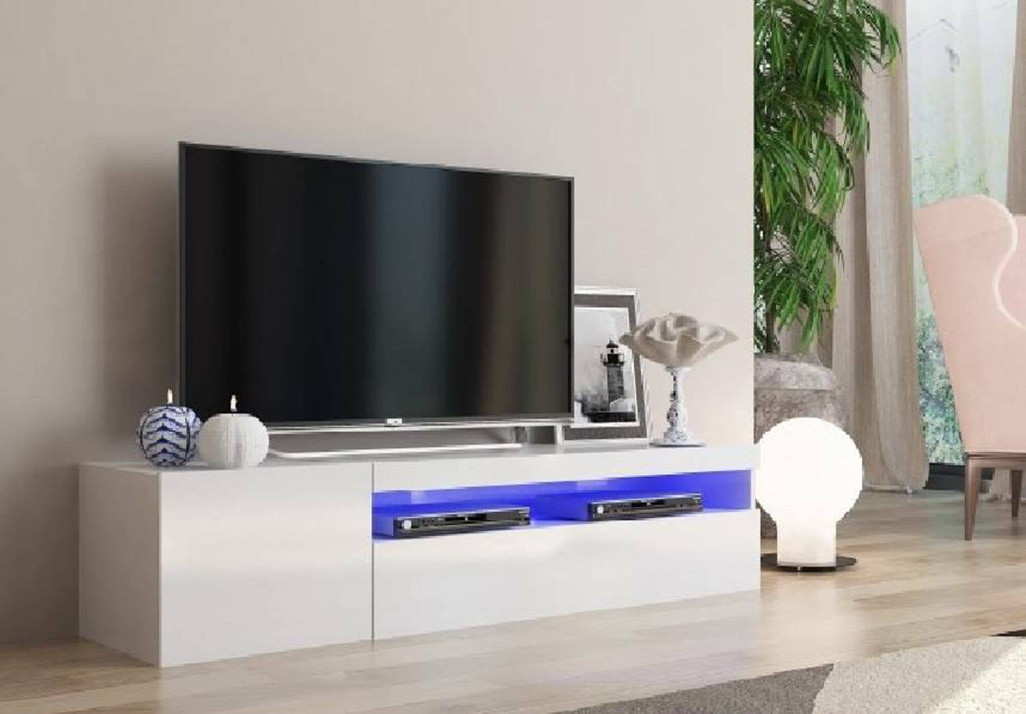 Mobile da soggiorno Porta TV, Made in Italy, Credenza per TV a 2 ante, Porta TV da salotto, cm 150x40h37, Bianco lucido, con luce LED blu