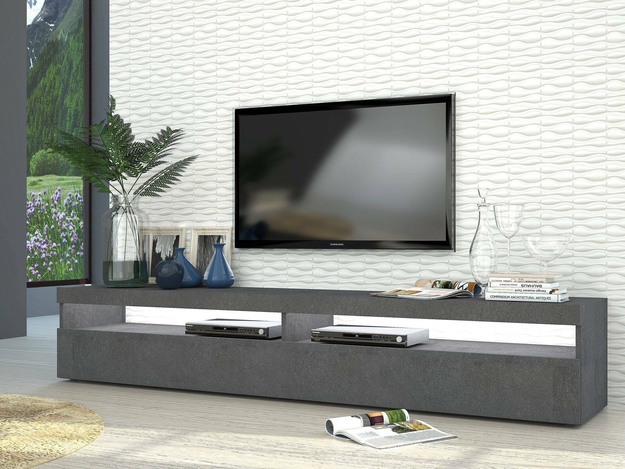 Mobile da soggiorno Porta TV, Made in Italy, Credenza per TV da salotto a 2 ante a ribalta, cm 200x45h36, Grigio Cenere, con luce LED bianca