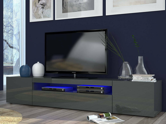 Mobile da soggiorno Porta TV, Made in Italy, Supporto per TV da salotto a 3 ante e ripiani, cm 200x40h37, Antracite lucido, con luce LED blu