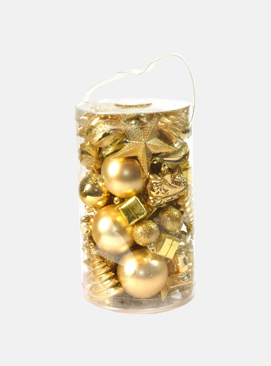 Box 50 pezzi decorazioni natalizie multi-forma, Ornamenti e Puntale, Set assortimento palline di Natale, Scatola set albero di Natale, Da 4 a 10 cm, colore Oro