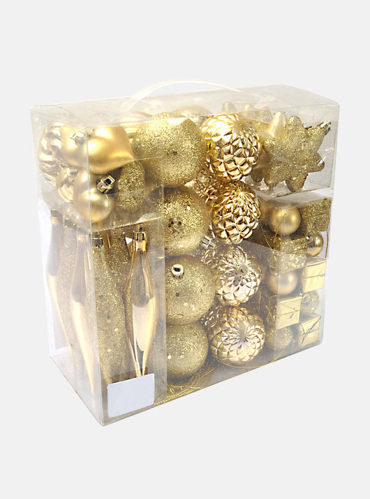 Box 80 pezzi decorazioni natalizie multi-forma, Ornamenti, Set assortimento palline di Natale, Scatola set albero di Natale, colore Oro, Da 3 a 7 cm