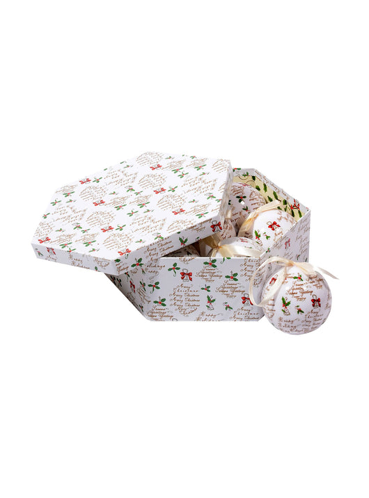 Box 7 sfere natalizie, Fantasia scritte, Set assortimento palline di Natale, Scatola set albero di Natale ,Diametro 7,5 cm, Bianco