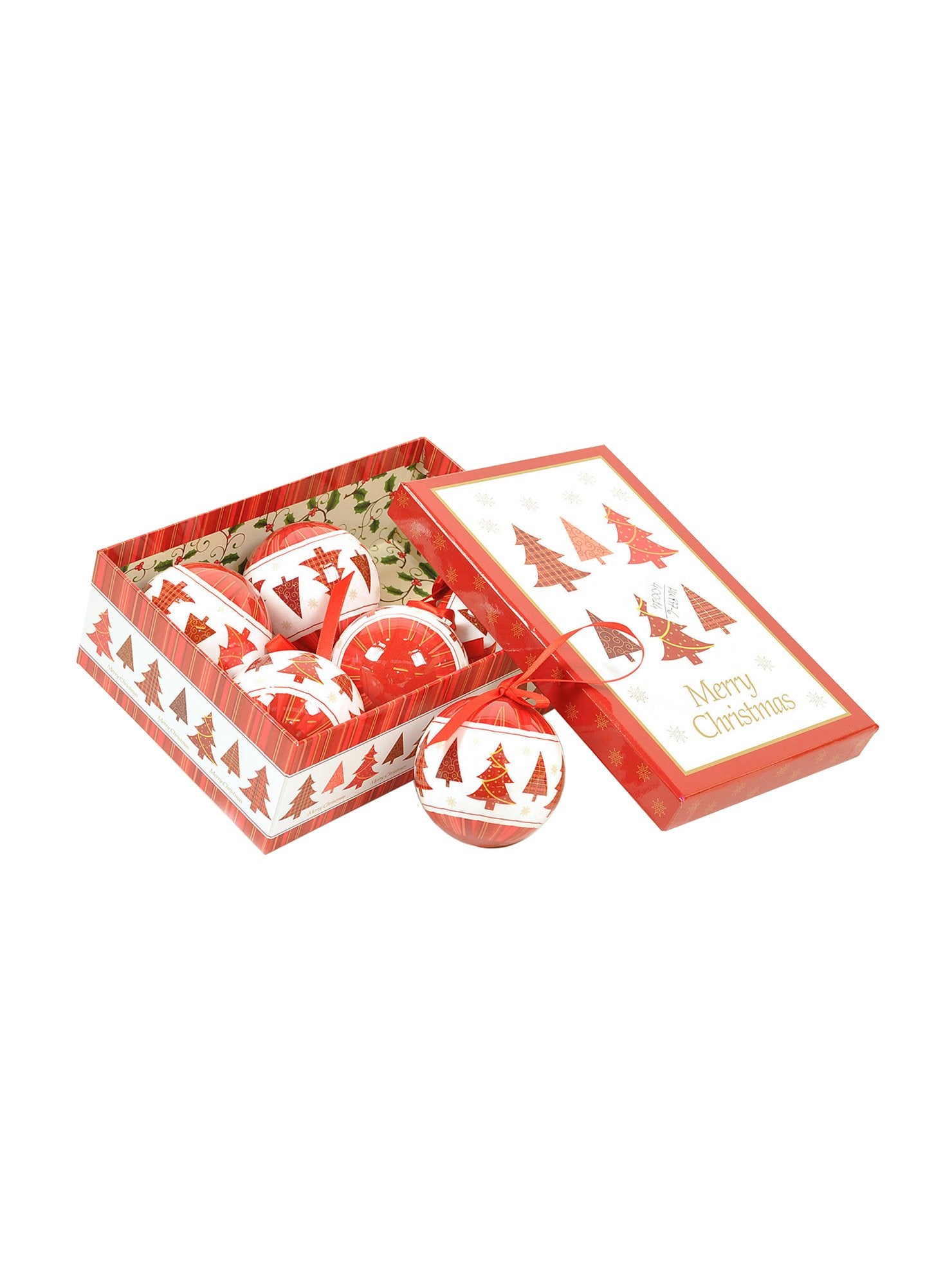 Box 6 sfere natalizie, Ornamenti fantasia alberi, Set assortimento palline di Natale, Scatola set albero di Natale, Diametro 7.5 cm, colore Bianco e Rosso