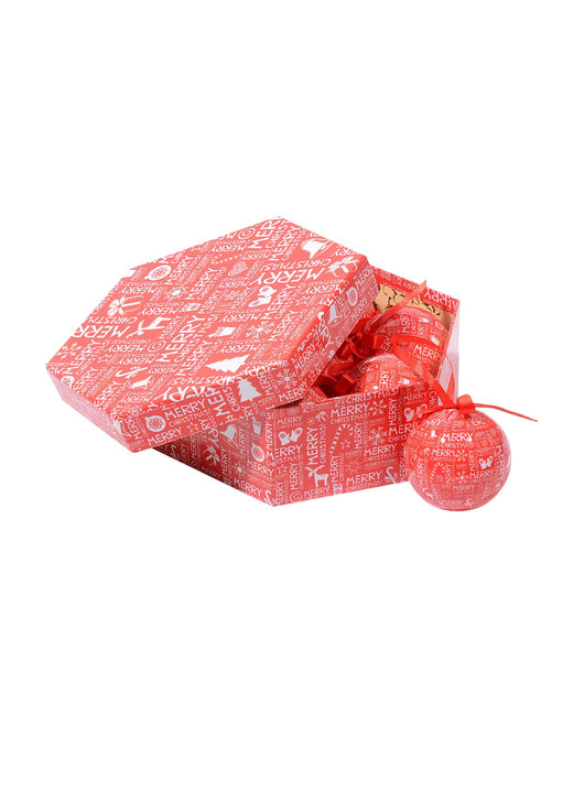 Box 7 sfere natalizie, Fantasia scritte, Set assortimento palline di Natale, Scatola set albero di Natale ,Diametro 7,5 cm, Rosso e Bianco