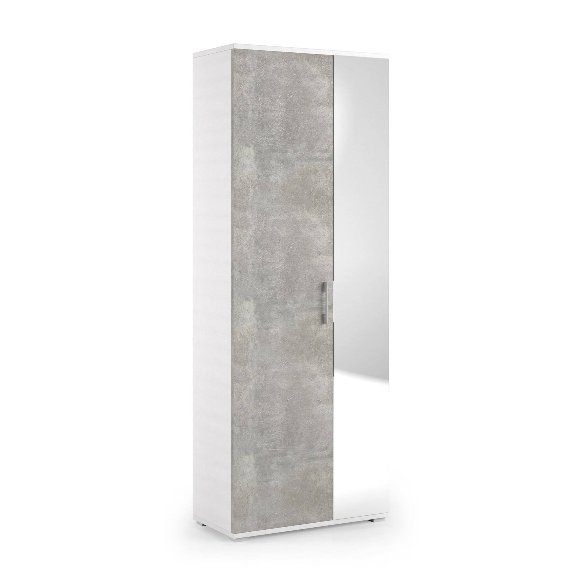 Scarpiera Tarassaco, Mobile multiuso da ingresso con anta a specchio , Armadio moderno portascarpe a 6 ripiani, Made in Italy, Cm 72x37h195, Bianco e Cemento