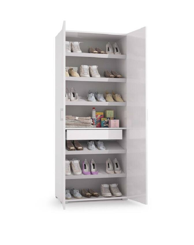 Scarpiera Tarassaco, Mobile multiuso da ingresso con anta a specchio , Armadio moderno portascarpe a 6 ripiani, Made in Italy, Cm 72x37h195, Bianco e Cemento