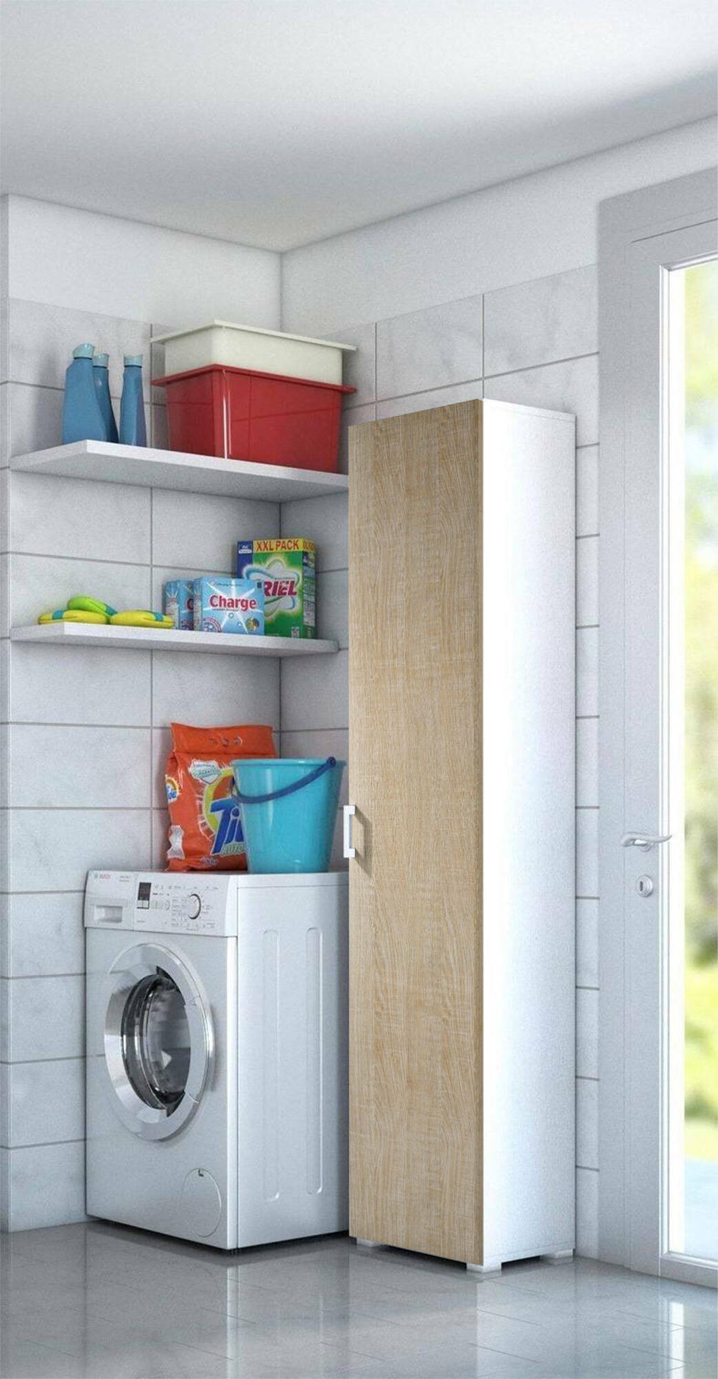 Armadio multiuso Aquilegia, Mobile lineare a 1 Anta battenti e 4 ripiani regolabili, Mobile a colonna per bagno, Made in Italy, Cm 45x45h195, Rovere e Bianco