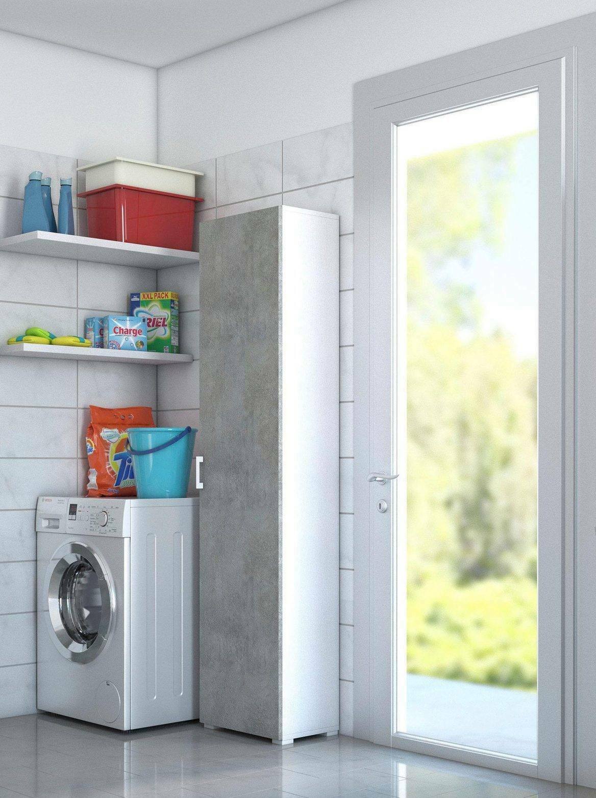 Armadio multiuso Aquilegia, Mobile lineare a 1 Anta battenti e 4 ripiani regolabili, Mobile a colonna per bagno, Made in Italy, Cm 45x45h195, Cemento e Bianco