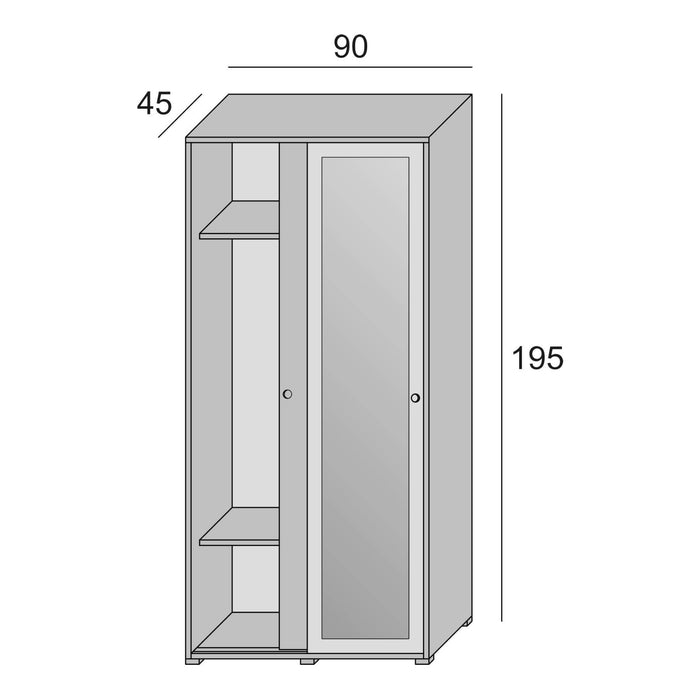 Guardaroba Tulipano, Armadio a 2 ante scorrevoli e specchio, Mobile con barra appendiabiti e ripiani, Made in Italy, Cm 90x45h195, Bianco