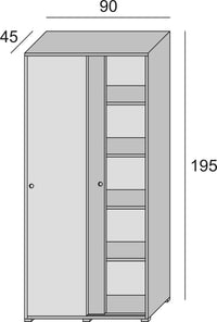 Guardaroba Dalia, Armadio a 2 ante scorrevoli e 4 ripiani, Mobile moderno multiuso per camera da letto, Made in Italy, Cm 90x45h195, Rovere e Bianco