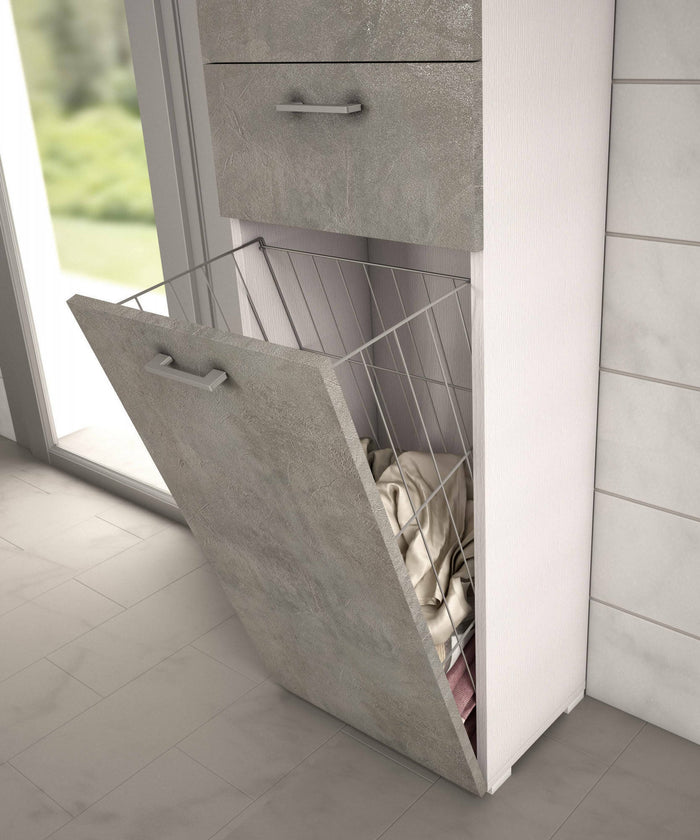 Armadio multiuso Escolzia, Mobile lavanderia lineare a 2 Ante, Colona da bagno con cestello potrabiancheria, Made in Italy, Cm 45x32h195, Cemento e Bianco