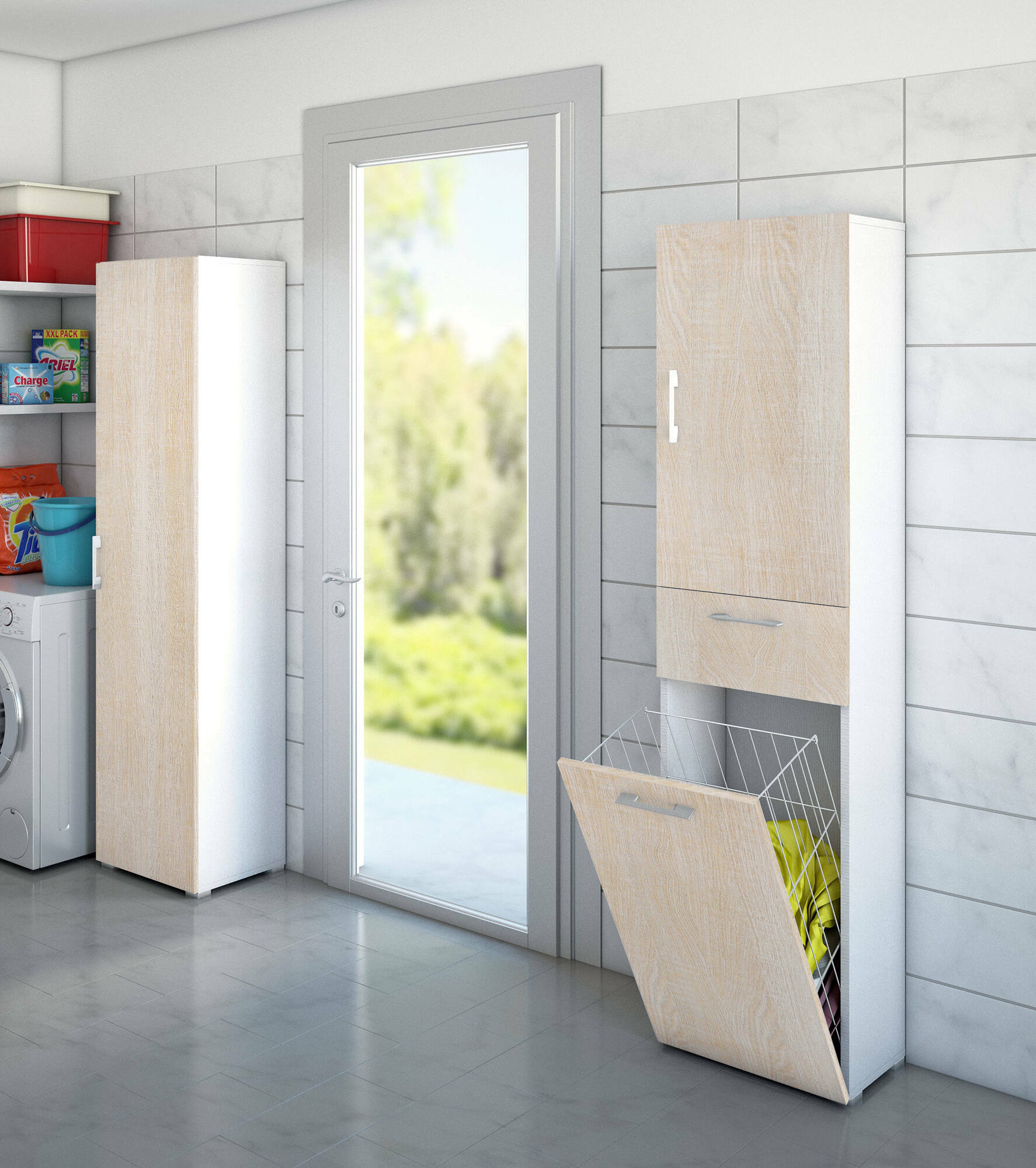 Armadio multiuso Escolzia, Mobile lavanderia lineare a 2 Ante, Colona da bagno con cestello potrabiancheria, Made in Italy, Cm 45x32h195, Rovere e Bianco