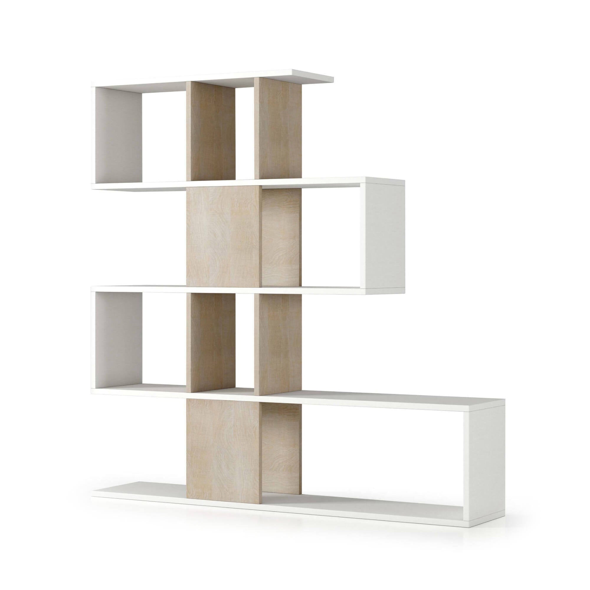 Libreria Hoya, Biblioteca bifacciali a 5 ripiani, Scaffale a zig zag per libri, Mobile da parete con ripiani, Made in Italy, Cm 145x29h145, Bianco e Rovere