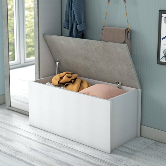 Baule Miltonia, Capiente box contenitore multiuso, Cassapanca moderna, Made in Italy, Cm 90x45h45, Bianco e Cemento