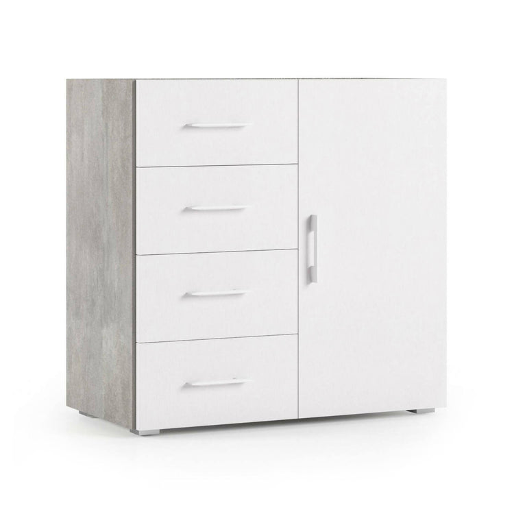 Credenza Violetta, Mobile buffet a 1 anta e 4 cassetti, Madia da soggiorno, Armadietto multiuso con ripiani, Made in Italy, Cm 90x41h87, Bianco e Cemento