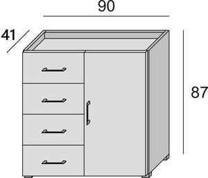 Credenza Violetta, Mobile buffet a 1 anta e 4 cassetti, Madia da soggiorno, Armadietto multiuso con ripiani, Made in Italy, Cm 90x41h87, Bianco e Cemento