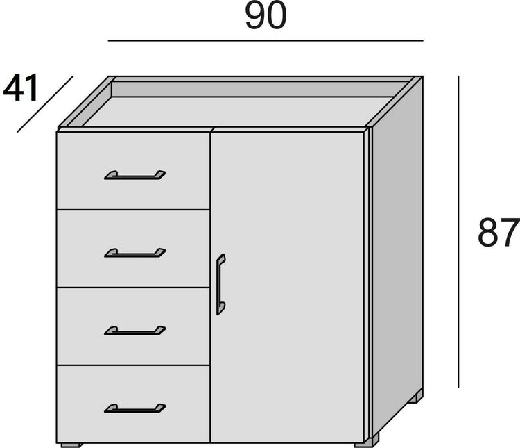 Credenza Violetta, Mobile buffet a 1 anta e 4 cassetti, Madia da soggiorno, Armadietto multiuso con ripiani, Made in Italy, Cm 90x41h87, Bianco e Cemento