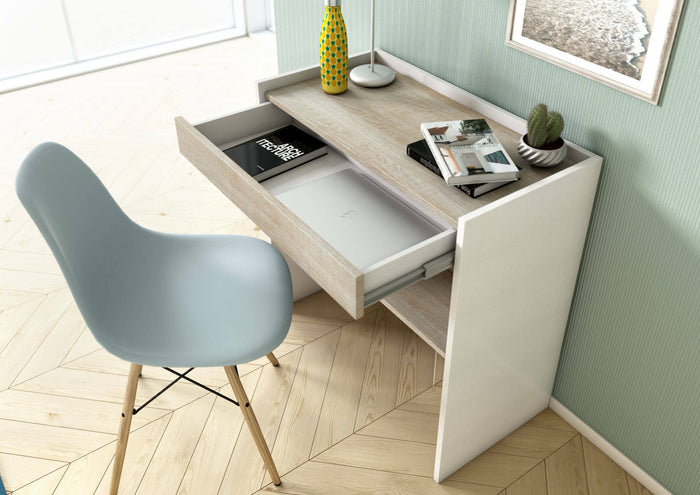 Scrivania Clematide, Scrittoio moderno con cassetto, Tavolo da studio o ufficio porta PC portalibri, Made in Italy, Cm 80x40h79, Bianco e Rovere