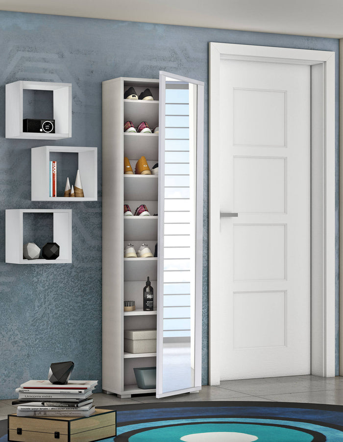 Scarpiera Datura, Mobile multiuso da ingresso con anta a specchio , Armadio moderno portascarpe a 7 ripiani, Made in Italy, Cm 50x32hx182, Bianco