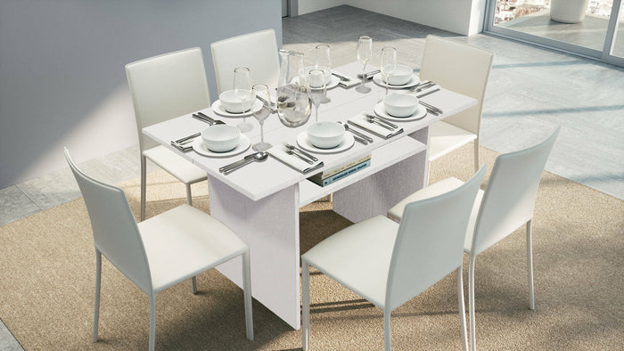 Tavolo allungabile Lavanda, Tavolo da pranzo con apertura a libro, Consolle multiuso allungabile, Made in Italy, Cm 120x70h75, Bianco