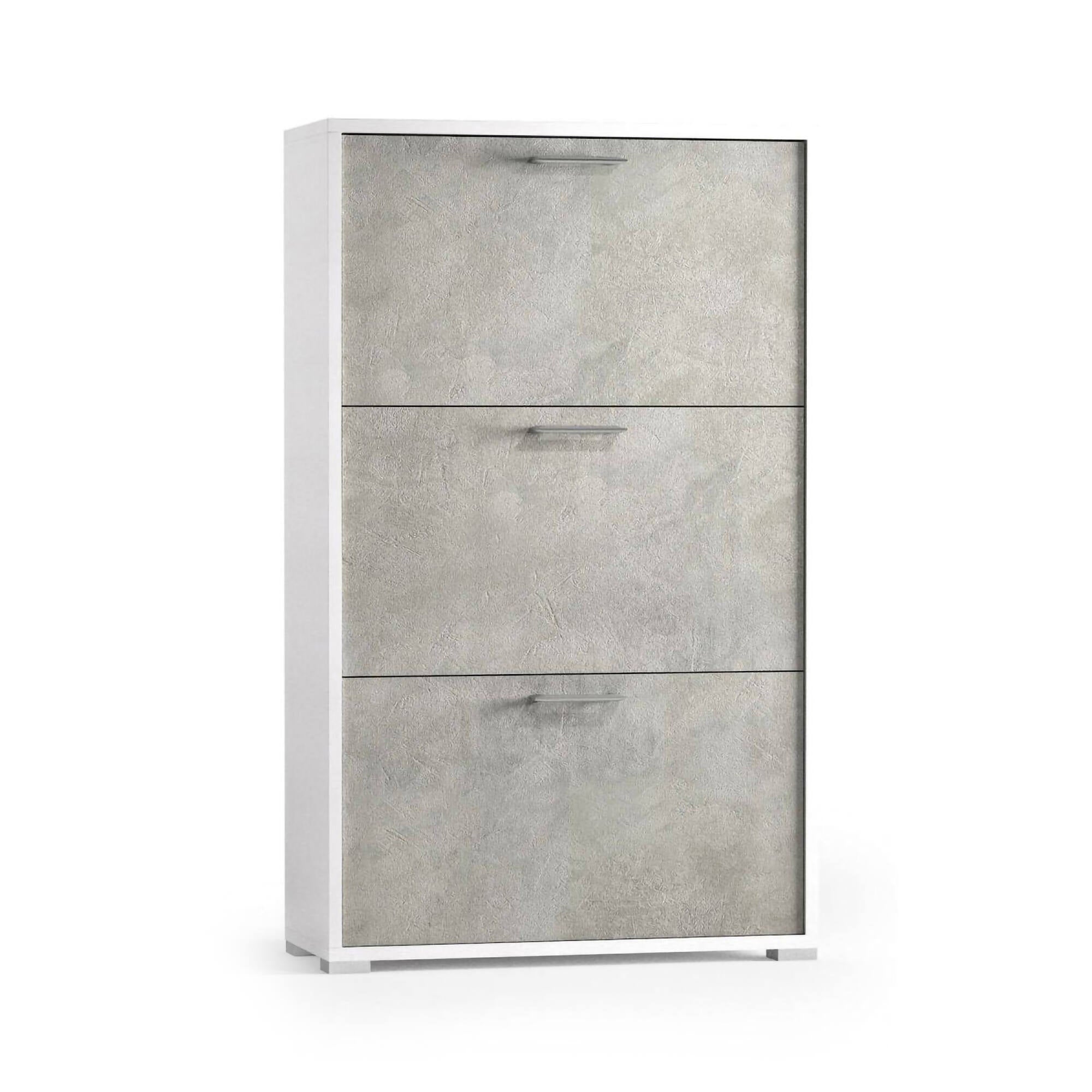 Scarpiera Iris, Mobile multiuso da ingresso con 3 ante a ribalta, Armadietto portascarpe moderno, Made in Italy, Cm 67x18h112, Bianco e Cemento