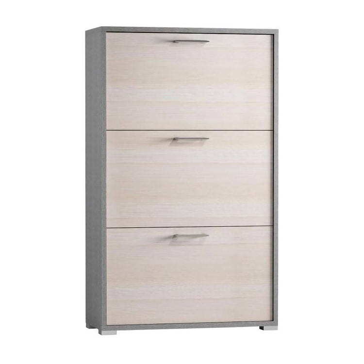 Scarpiera Peonia, Mobile multiuso da ingresso con 3 ante a ribalta, Armadietto portascarpe a doppia profondità, Made in Italy, Cm 67x28h112, Larice